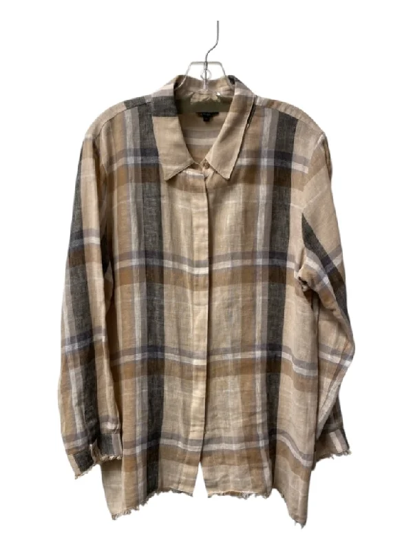 Worth Size XL Tan & Gray No Fabric Tag Plaid Long Sleeve buttondown Collared Top Artistic Women's Hand - painted