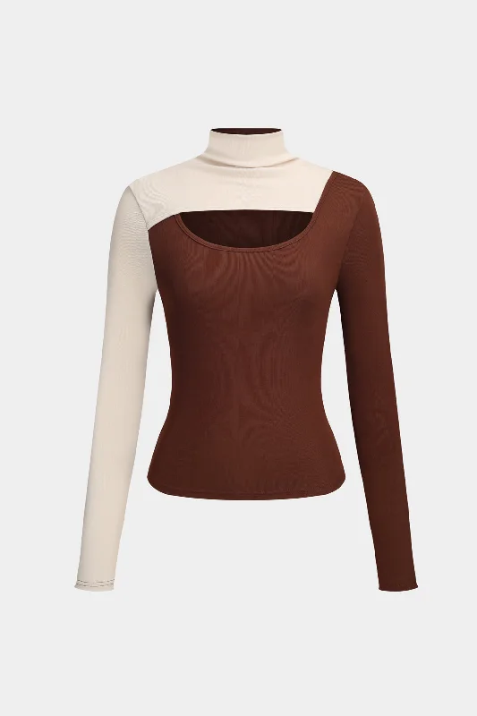Cut Out Patchwork Mock Neck Long-Sleeve Top Compression