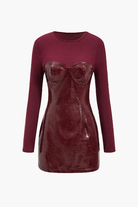 Faux Leather Patchwork Long Sleeve Round Neck Mini Dress Modern Women's Tech