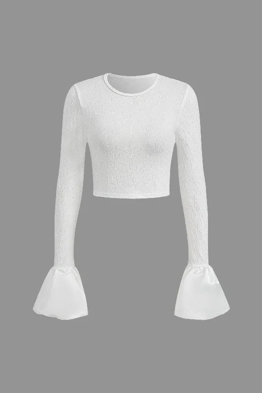 Flared Cuff Textured Long Sleeve Crop Top Feminine Women's Soft 