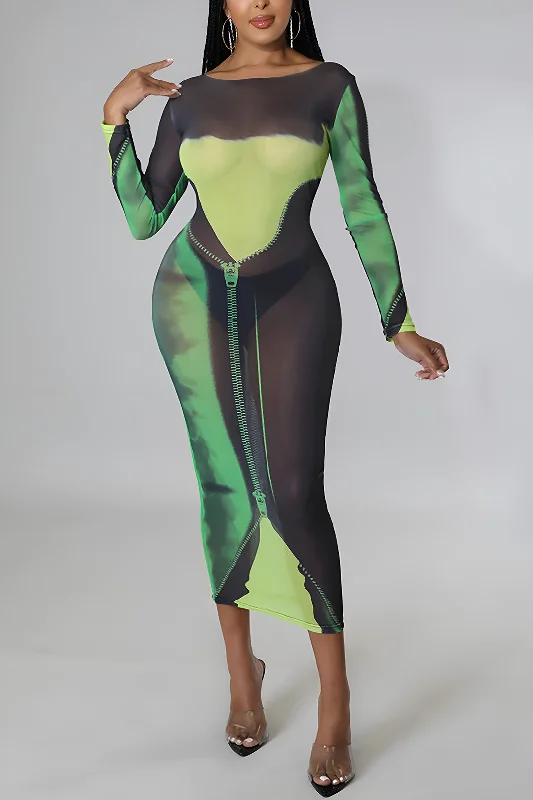 Printed Round Neck Mesh Maxi Dress Dynamic Women's Moto