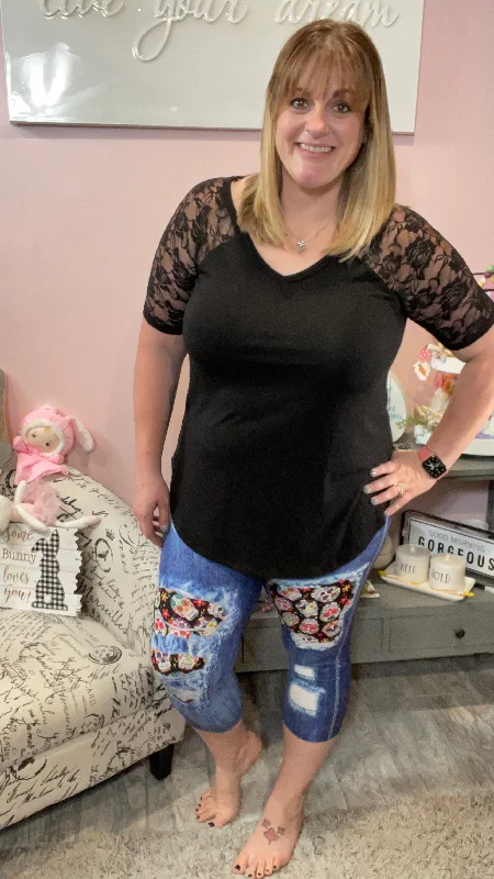Sugar Skull Patched Capri Legging Streetwear Style for 