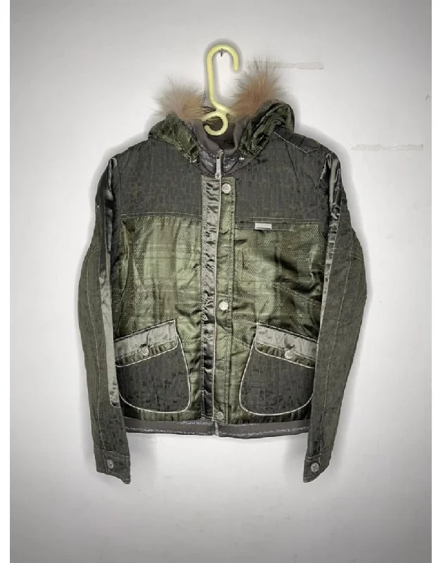 Fur Hoodie Jacket in Olive Artistic Women's Hand - painted