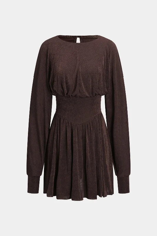 Ruched Zipper Long Sleeve  Mini Dress Monochromatic All - in - one