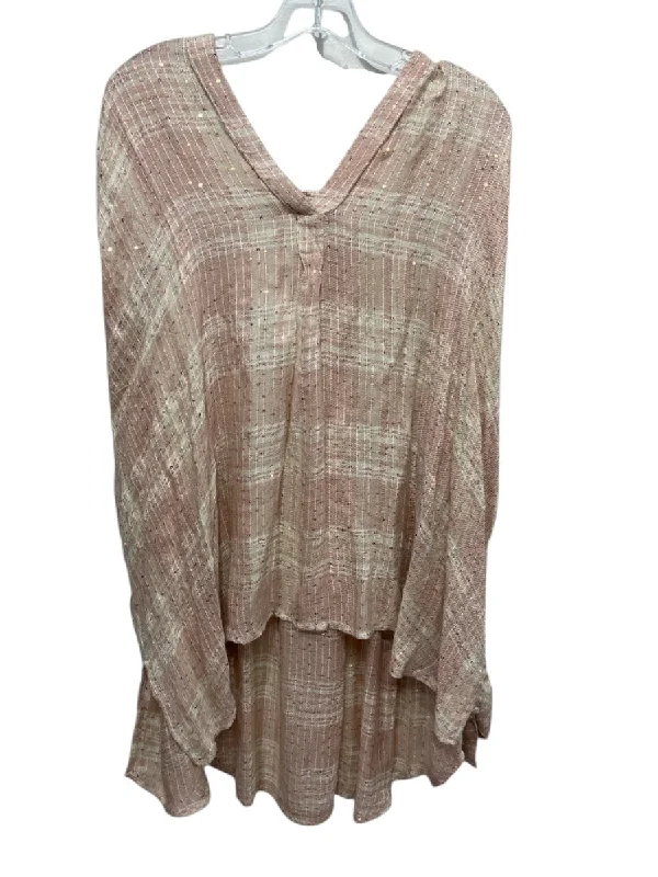 Free People Size Small Pink & Cream Cotton Long Sleeve V Neck Sequinned Top Sleek Women's Metallic