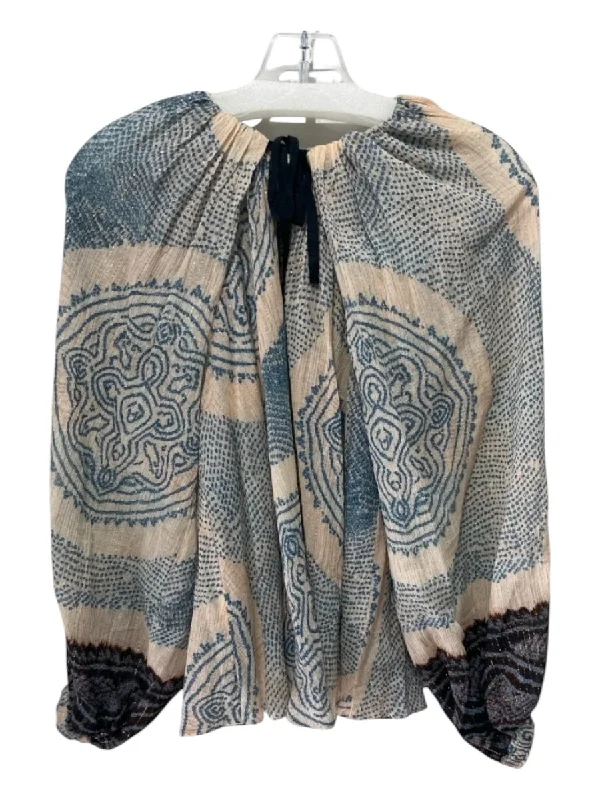 Ulla Johnson Size 0 Blue & Tan Cotton & Viscose Blend Long Sleeve Shimmer Top Stylish Women's Tropical 