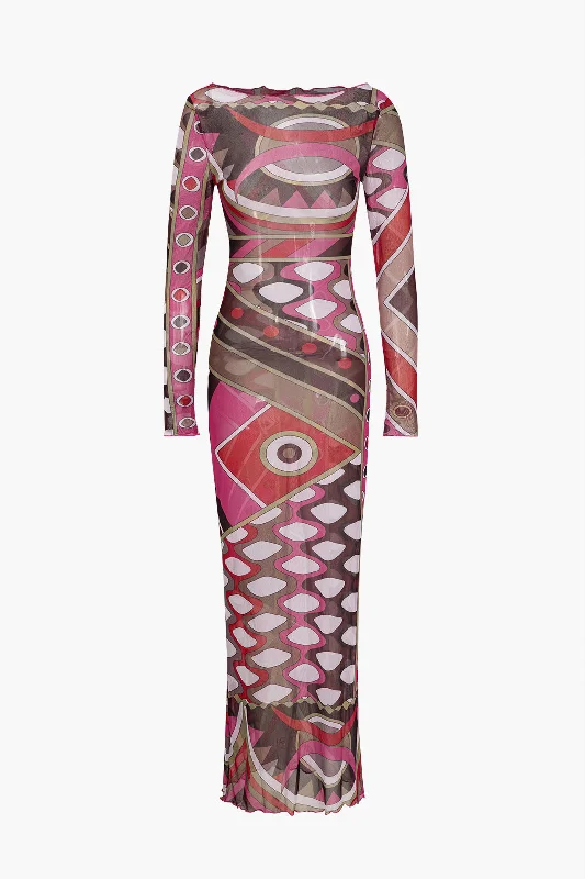 Abstract Print Mesh Long Sleeve Maxi Dress Practical Women's Quick - dry