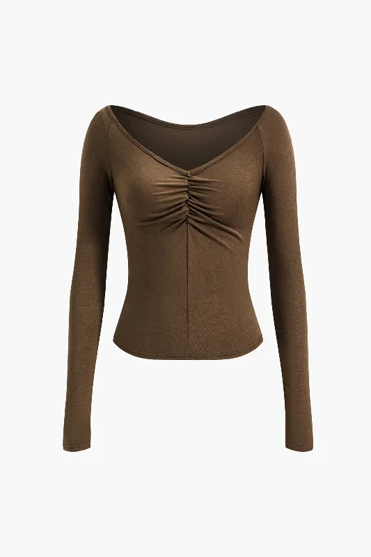 V-Neck Ruched Long-Sleeve Top Youthful Women's Pop