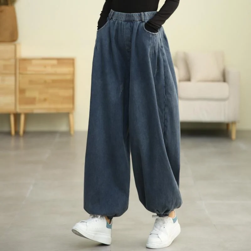 Winter Retro Plush Bloomers Loose Cotton Jeans Modern Women's 