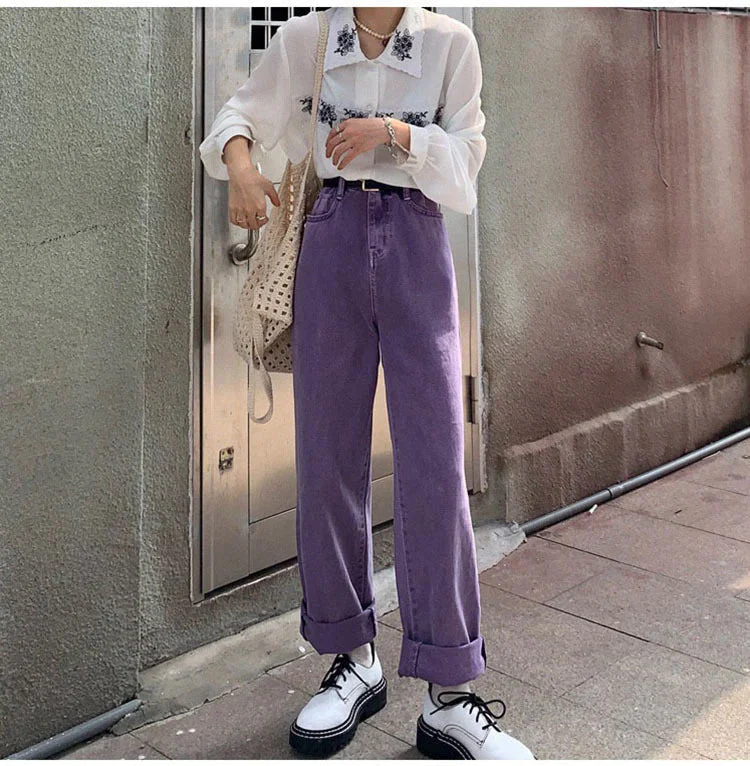 KittenAlarm - High Waist Loose Purple Jeans Pants Country