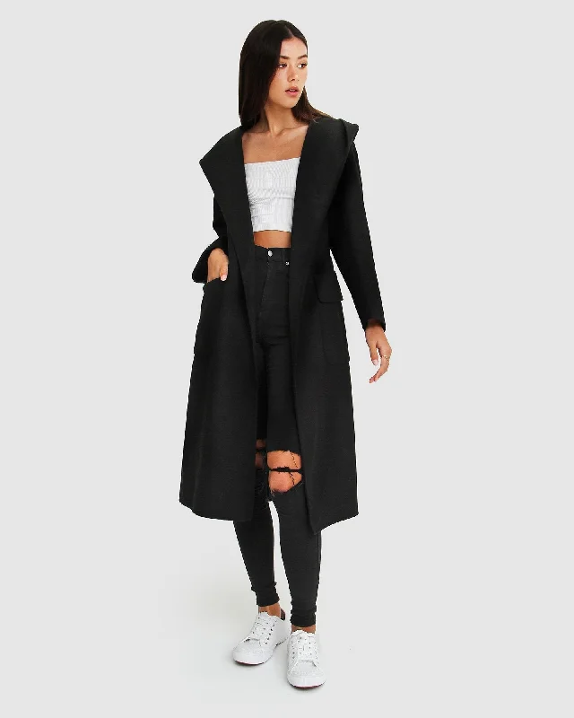 Runaway Wool Blend Robe Coat - Black Contemporary 