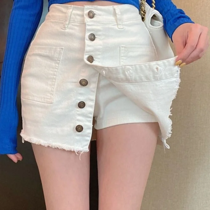 KittenAlarm - Summer Sexy Mini Skirt Women New Arrival Single Buttons High Waist Denim Shorts Skirt Black Or White A Line Jean Skirts Luxurious Women's High -  end
