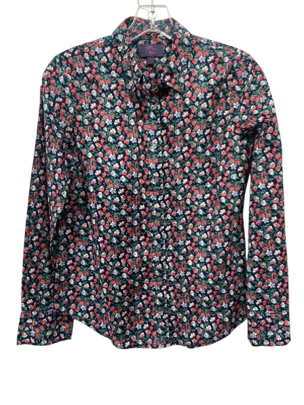 J Crew Liberty Size 6 Blue, Red & White Cotton Floral Button Up Collar Top Cashmere