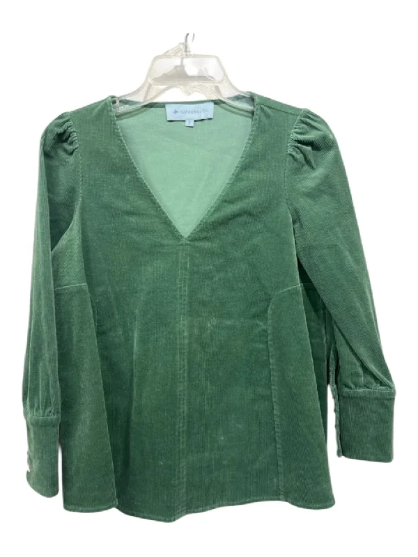 Tuckernuck Size S Green Cotton Corduroy V Neck Long Sleeve Puff Sleeve Top Sporty Women's Athleisure 