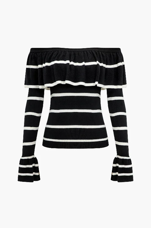 Stripe Ruffle Off Shoulder Bell Sleeve Top Youthful Women's Anime - inspired
