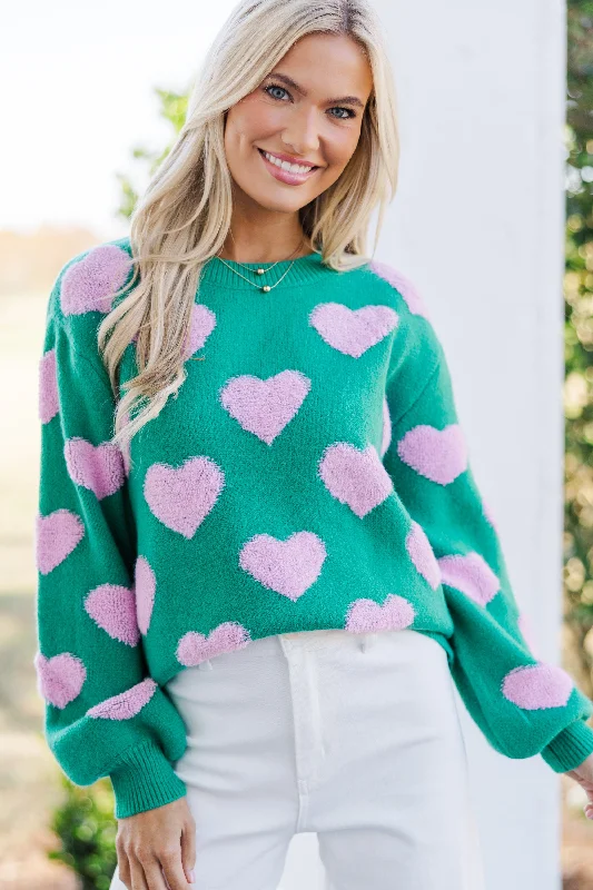 I'll Be there Green Fuzzy Heart Sweater Rugged Women's Outdoor 