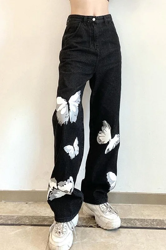 KittenAlarm - High Waist Butterfly Pattern Black Jeans Pants Dynamic Women's Moto