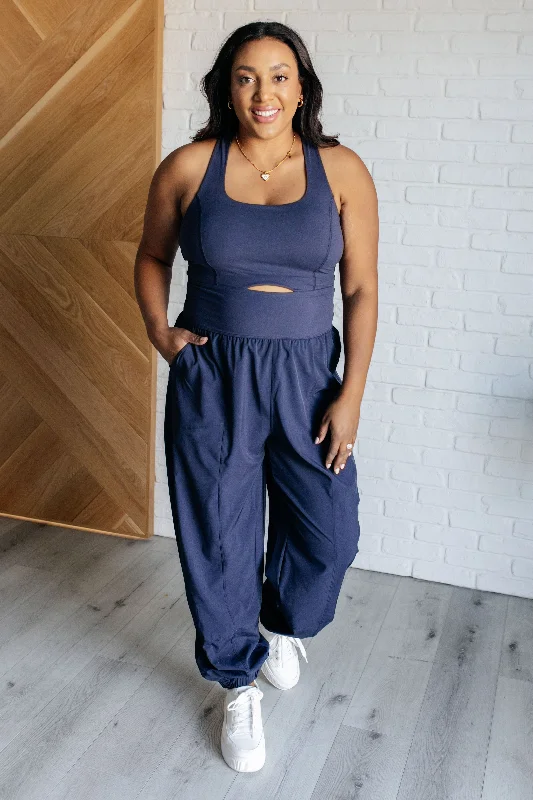 Raising Heart Rate Cut Out Jumpsuit in Navy Modern Women's Tech
