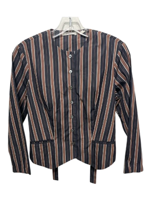 Doen Size XS Black & Brown Cotton Button Up Vertical Stripes Long Sleeve Top Adventure