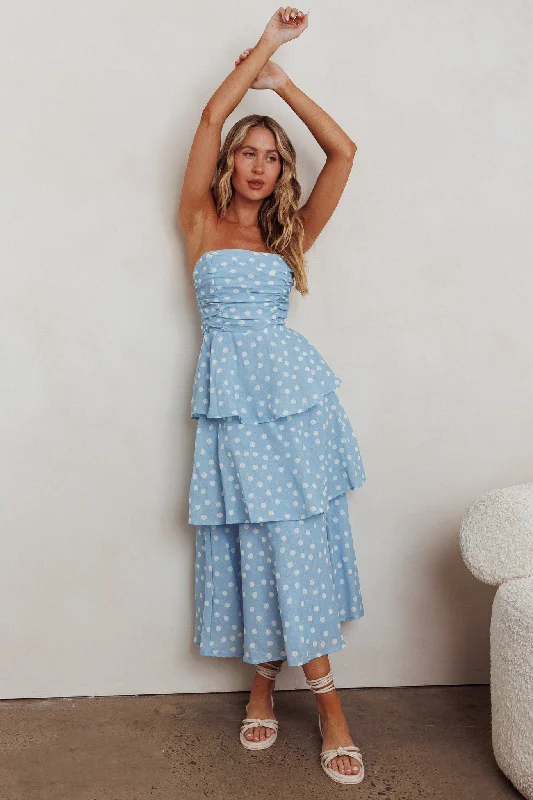 Lorcan Strapless Ruffle Dotted Midi Dress Blue French
