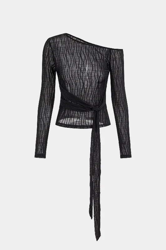 Asymmetry Neck Tie-Front Long-Sleeve Top Relaxed Women's 