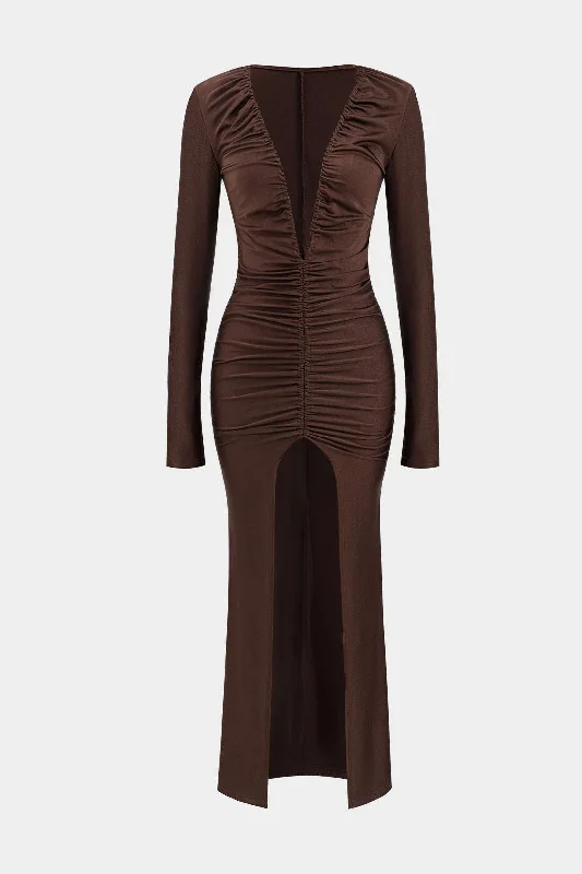 Ruched V-Neck Long Sleeve Maxi Dress Monochromatic Office Style