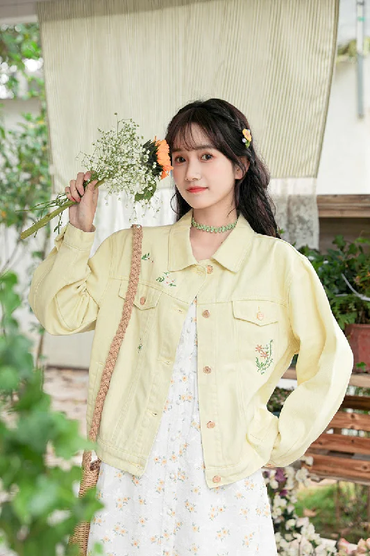 Daisy Garden Embroidered Denim Jacket (Yellow) Sporty Women's Tennis