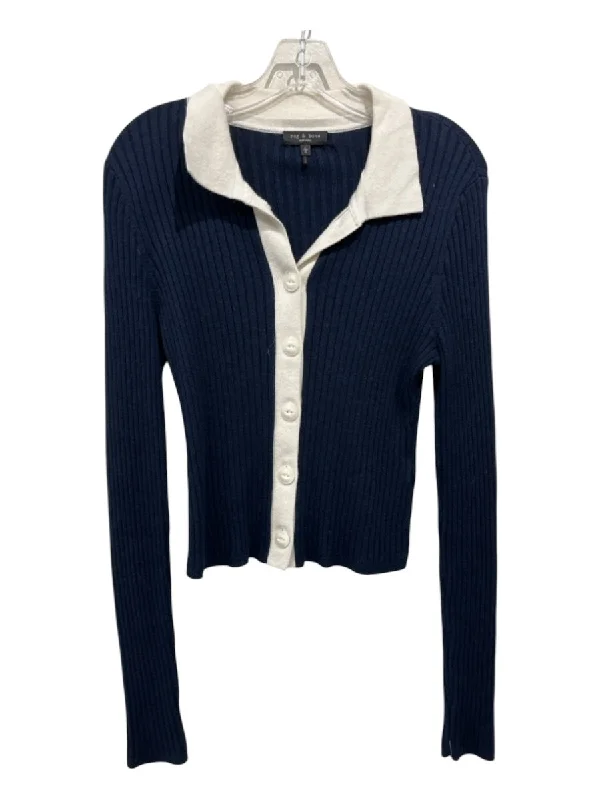Rag & Bone Size L Navy Blue & White Cotton & Cashmere Blend Ribbed Button Up Top Laid - back Women's Style