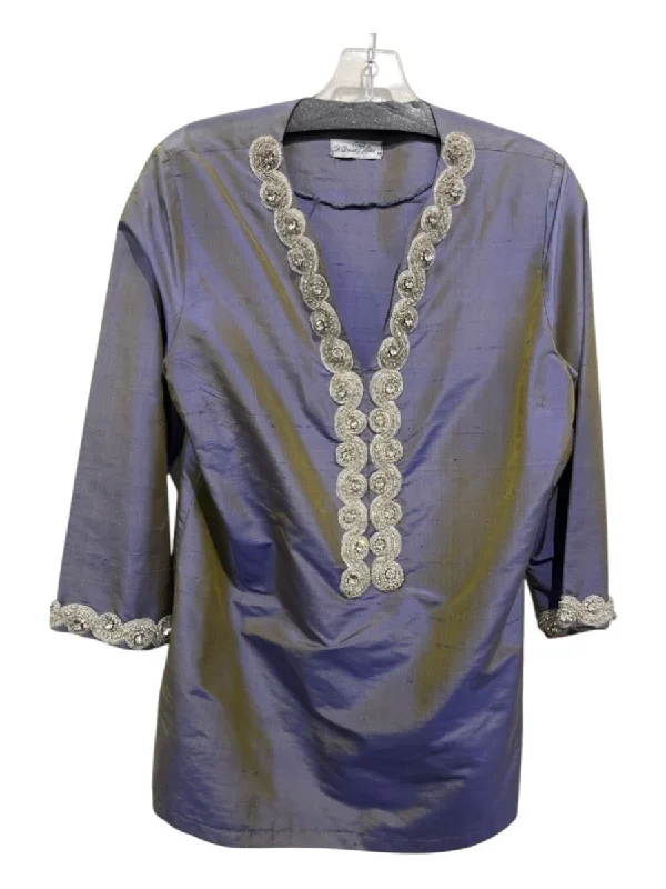 D. Dream Atelier Size M Purple & Green Raw Silk Jewel Embellished V Neck Top Preppy Women's College