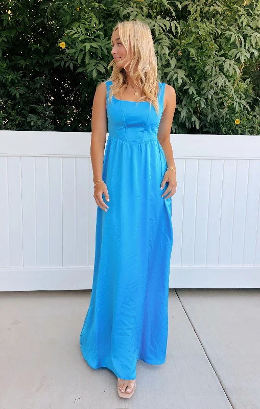 Nina Maxi Dress ~ Azure Blue Luxe Satin Vacation