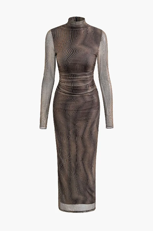 Wave Mock Neck Mesh Long Sleeve Maxi Dress Minimalist Women's Casual