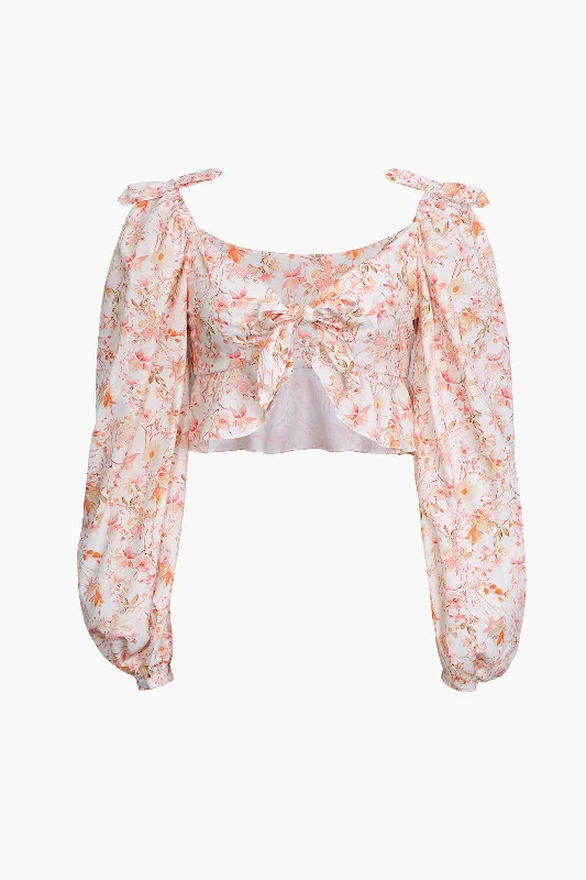 Floral Puff Sleeve Tie Front Blouse Athletic Women's 
