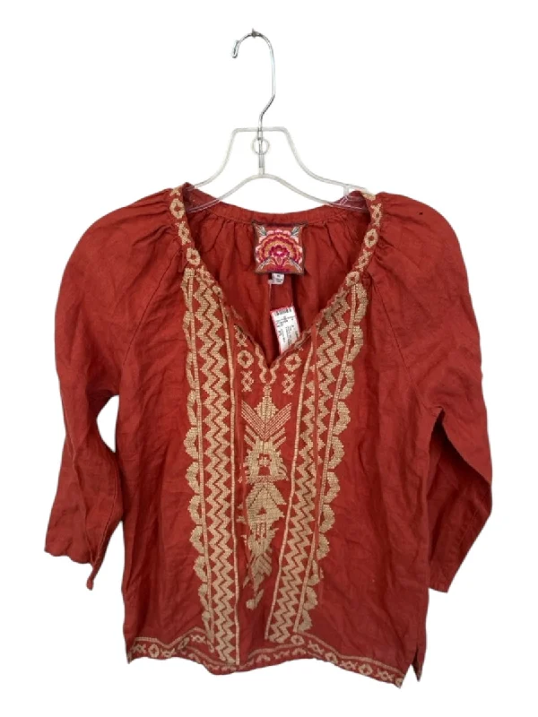Johnny Was Size XS Rust & Tan Linen Long Sleeve Embroider Detailing Top Monochromatic All - in - one