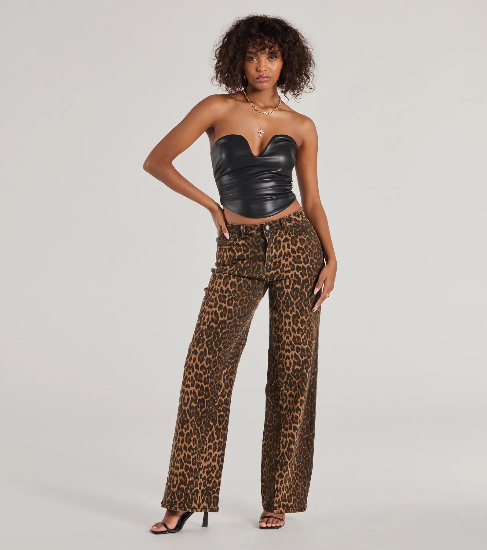 Fierce Aura Wide-Leg Leopard Print Denim Jeans Cool Women's Skate