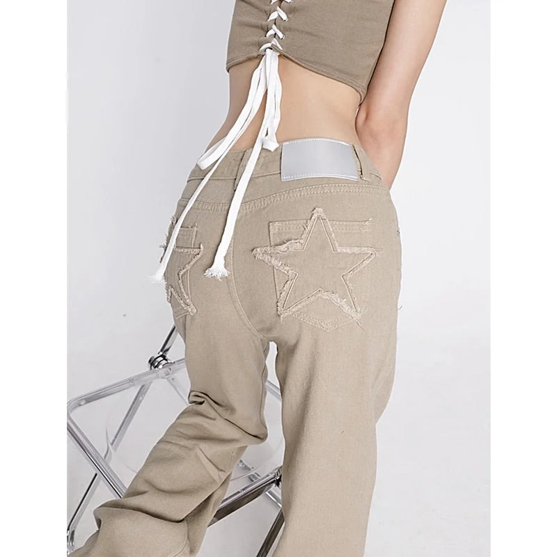 KittenAlarm - Women's Khaki Wide Leg Jeans Star Pocket Vintage Straight Pants High Waist Baggy Streetwear Casual Brown Denim Trouser Ladies Preppy Women's College KittenAlarm - Women's Khaki Wide Leg Jeans Star Pocket Vintage Straight Pants High Waist Baggy Streetwear Casual Brown Denim Trouser Ladies Preppy Women's College