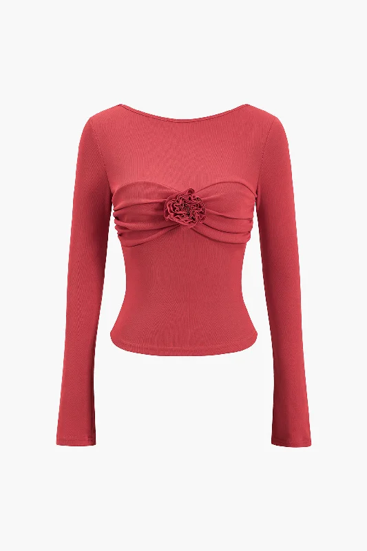 3D Floral Backless Long-Sleeve Top Cool Women's Distressed