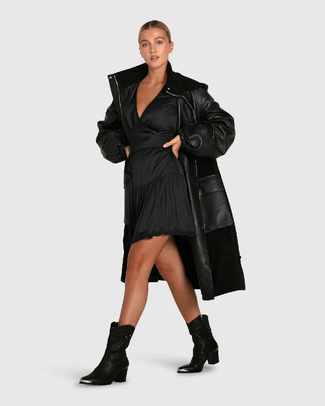 Back to Black Oversized Leather Panelled Coat - Black Casual Women's Japanese 