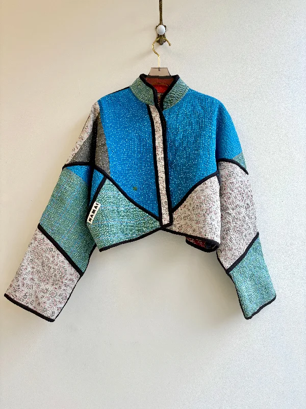 Reversible Kaira Quilted Cropped Jacket in Colors Green, Blue, Cream, Grey & Patchwork Orange, Violet, Green, Red Artistic Women's Hand - painted