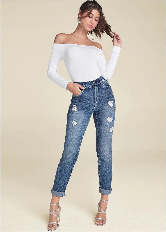 Heart Patch Jeans - Medium Wash Cool Women's Skate