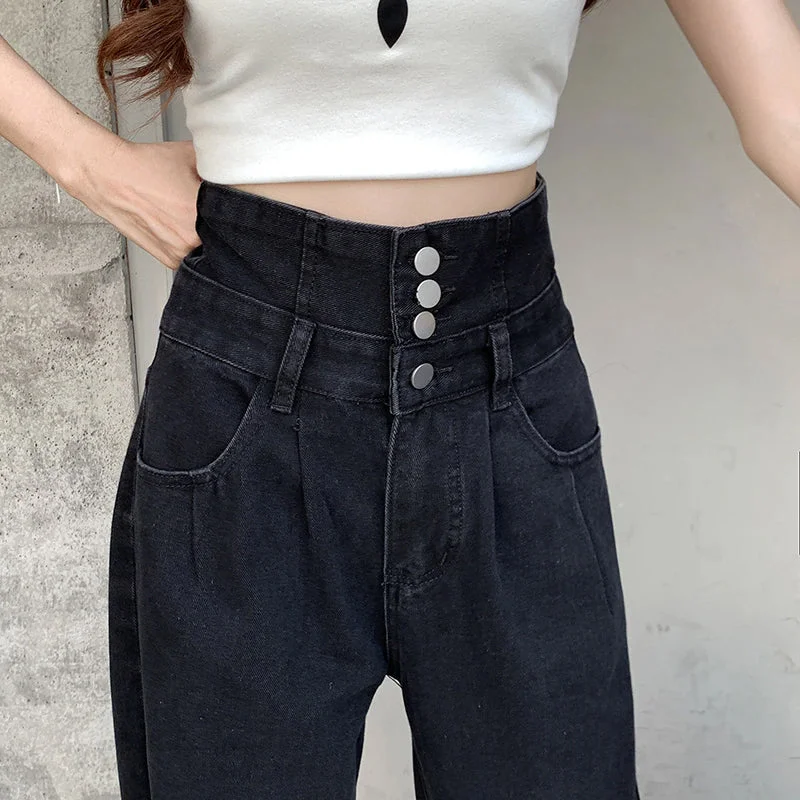 KittenAlarm - High Waist Extended Button Black Long Jeans Pants Sharp Women's Italian
