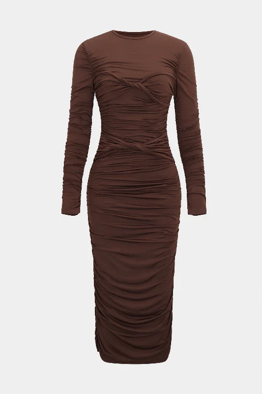 Ruched Round Neck Long-Sleeve Midi Dress Australian Beach