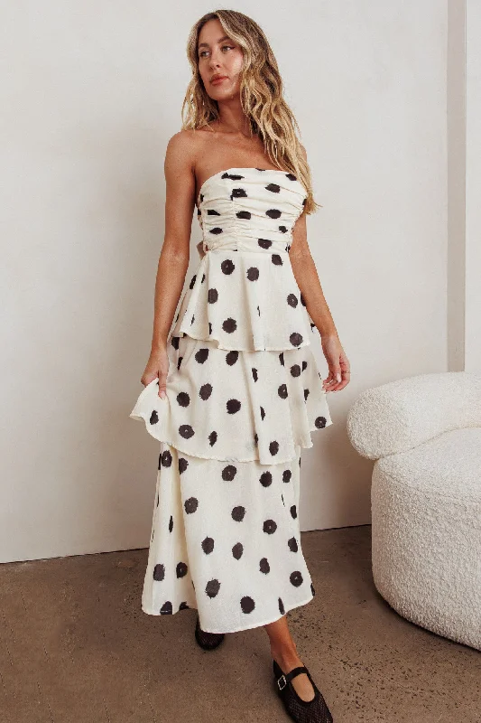 Lorcan Strapless Ruffle Dotted Midi Dress Oat Youthful Women's Anime - inspired