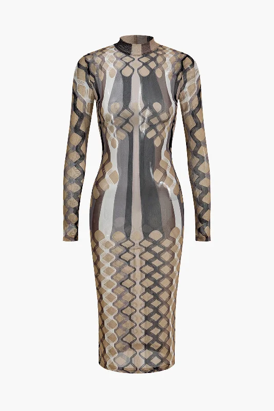 Geometric Print Sheer Mesh Long Sleeve Midi Dress Cool Women's Skate