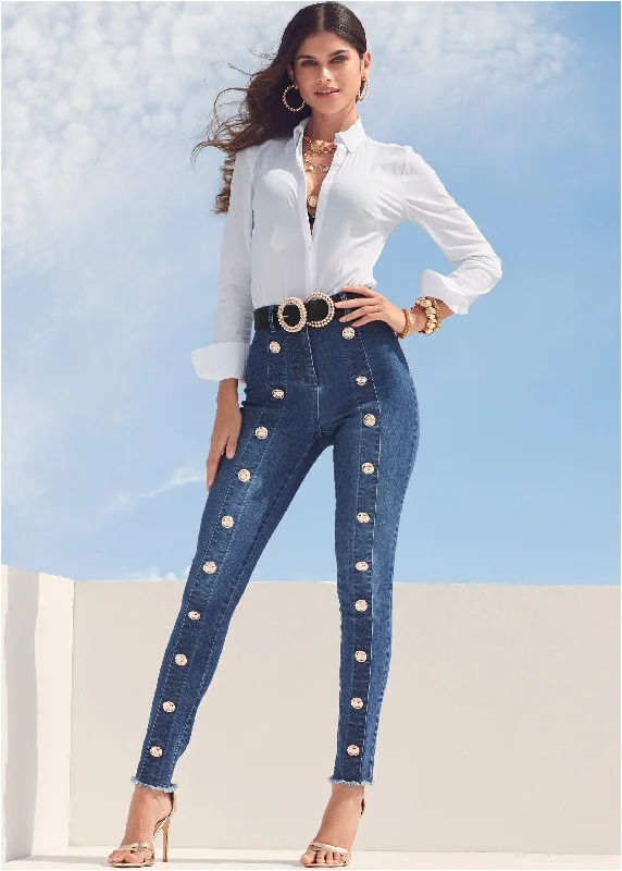 High Rise Button Detail Skinny Jeans - Medium Wash Edgy Women's Punk