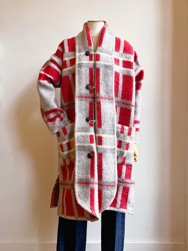 Cranberry & Grey Plaid Heritage Blanket Duster Minimalist Women's Casual