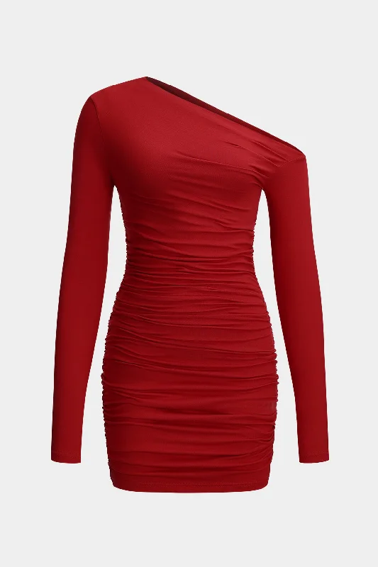 Ruched Asymmetry Neck Long Sleeve Mini Dress Australian Beach