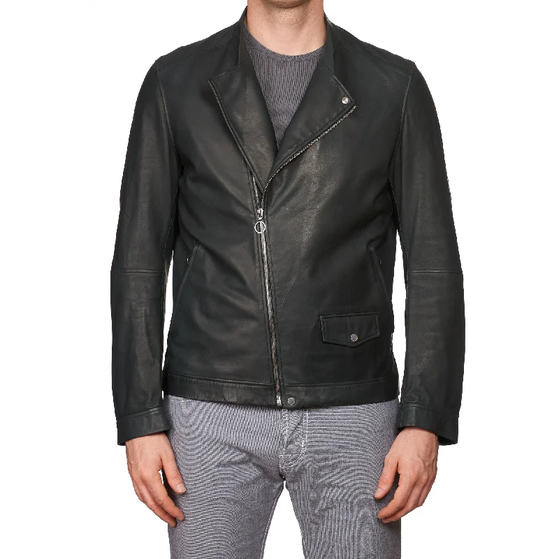 SERAPHIN Dark Green Lamb Leather Asymmetrical Biker Jacket FR 50 US M Practical Women's Quick - dry