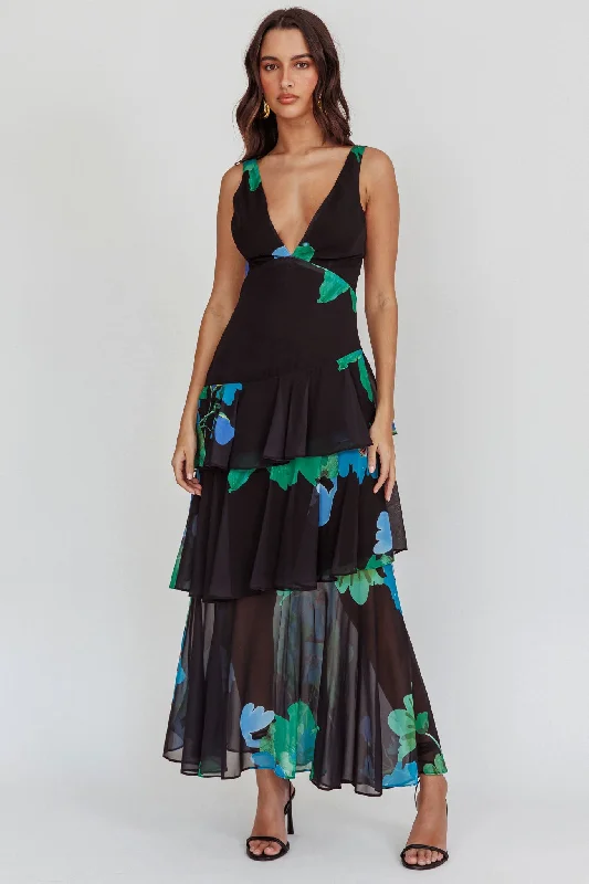 Veda Strappy Back Ruffle Maxi Dress Black Sophisticated Women's 