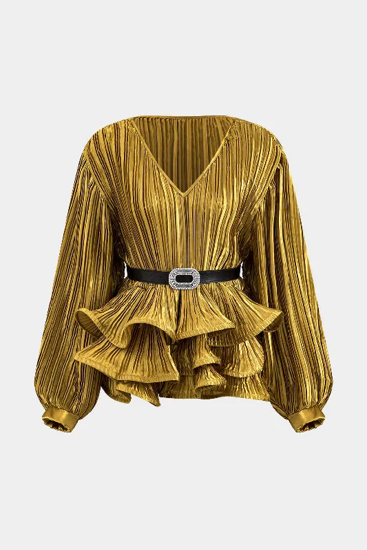 Satin Ruffle Belted V-Neck Long-Sleeve Shirt Modern Women's 