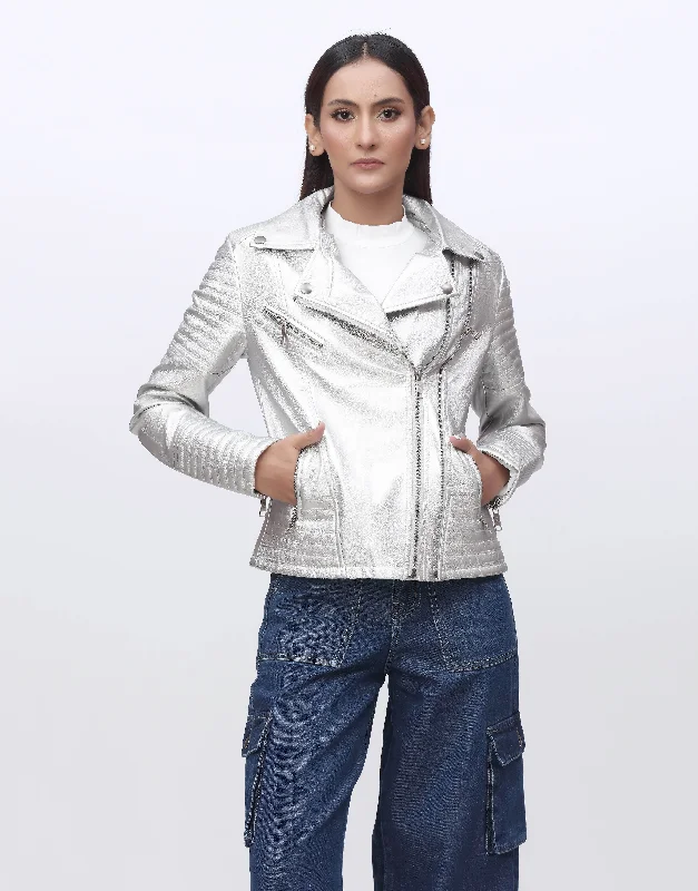 Leather Faux Jacket-Silver Elegant Women's Formal 